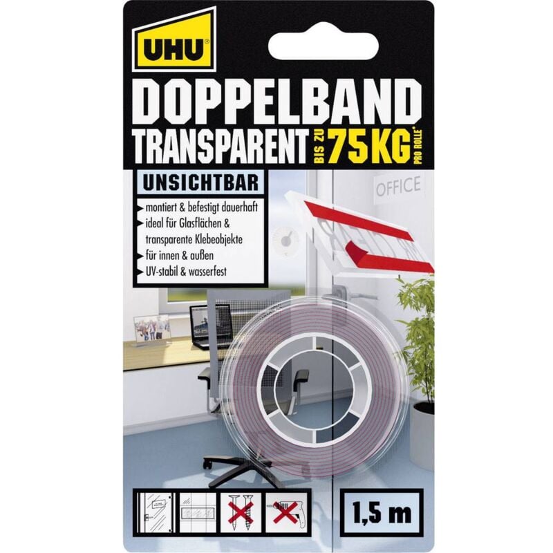 foto del prodotto uhu 45375 45375 nastro biadesivo trasparente l x l 1.5 m x 19 mm 1 pz.