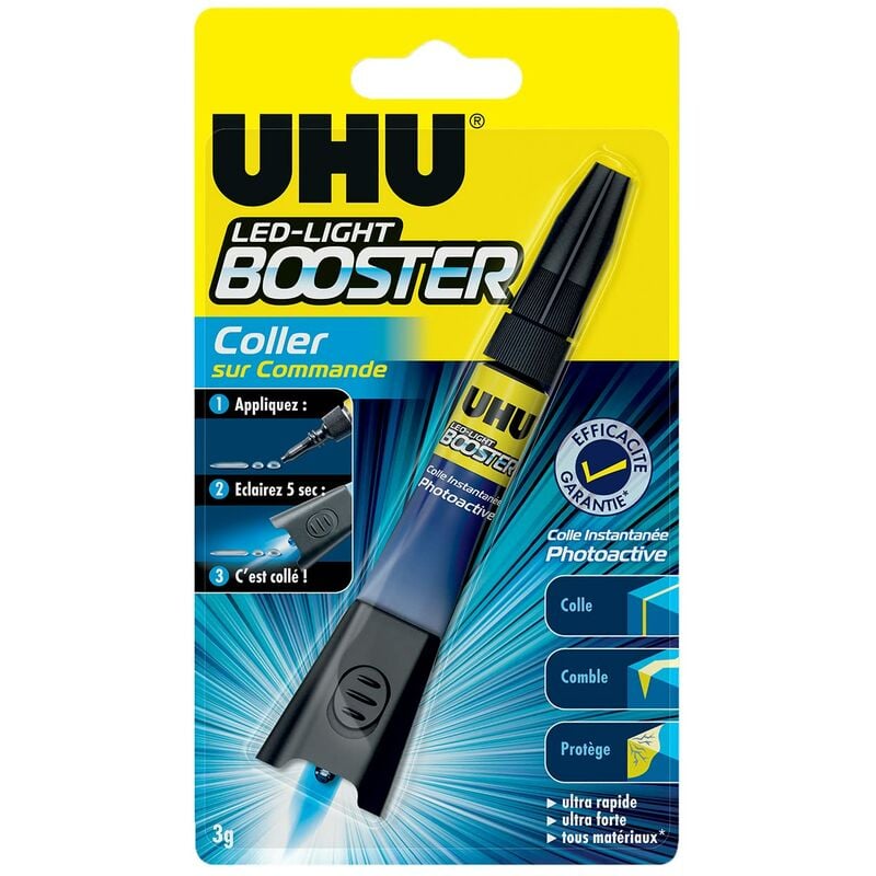 foto del prodotto uhu booster colla istantanea, attivata con lampada uv inclusa, colla, ripara, riempimento, protegge, trasparente, tubo 3g