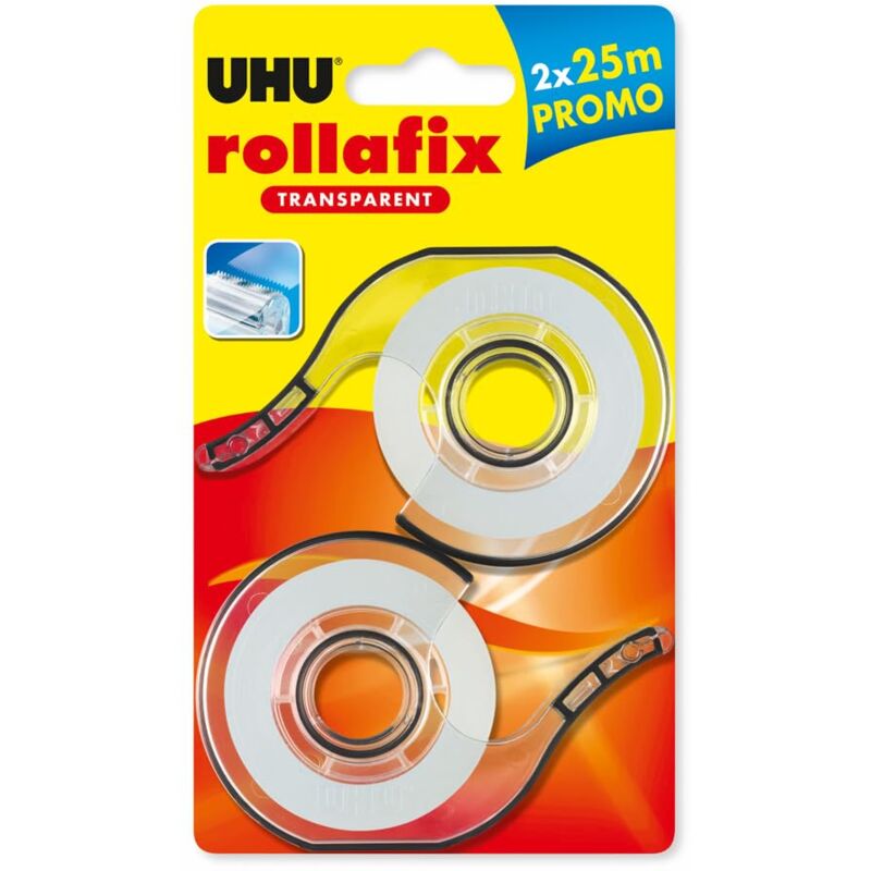 foto del prodotto uhu rollafix nastro adesivo trasparente, non ingiallisce, confezione da 2 dispenser con ricarica, 25 m x 19 mm
