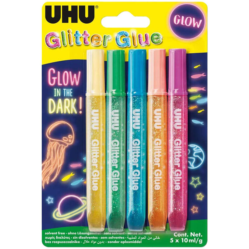 foto del prodotto uhu tubetti glitterati colorati glitter glue glow in the dark 5x10 ml