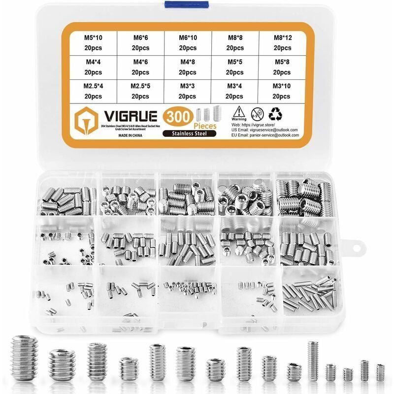 foto del prodotto ulisem 300 pezzi m2.5 m3 m4 m5 m6 m8 set di viti senza testa a esagono incassato in acciaio inossidabile, kit di assortimento di viti a testa
