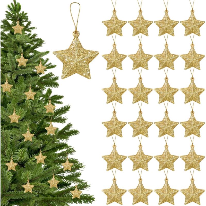foto del prodotto ulisem 48 pezzi ornamenti a stella con lucentezza oro per albero di natale, piccole stelle in plastica pendenti, decorazioni natalizie in plastica