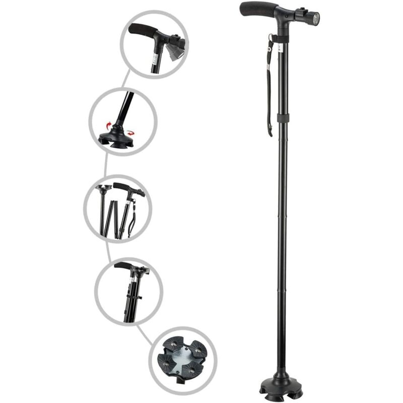 foto del prodotto ulisem bastone da passeggio per anziani pieghevole e regolabile con luce a led, quattro gambe multifunzionali in lega di alluminio