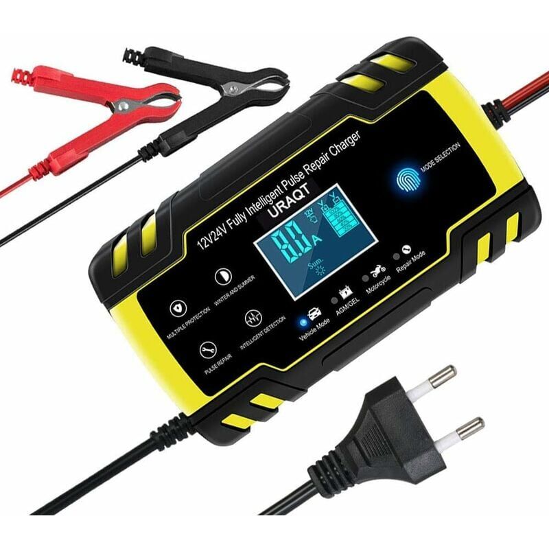 foto del prodotto ulisem caricabatteria per auto, caricabatteria per auto 8a 12v 24v completamente automatico con display lcd, caricabatteria mantenitore