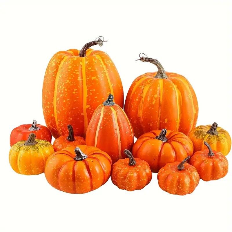 foto del prodotto ulisem confezione da 12 zucche artificiali grandi arancioni in dimensioni assortite per la decorazione della tavola, autunno, vacanze, halloween,