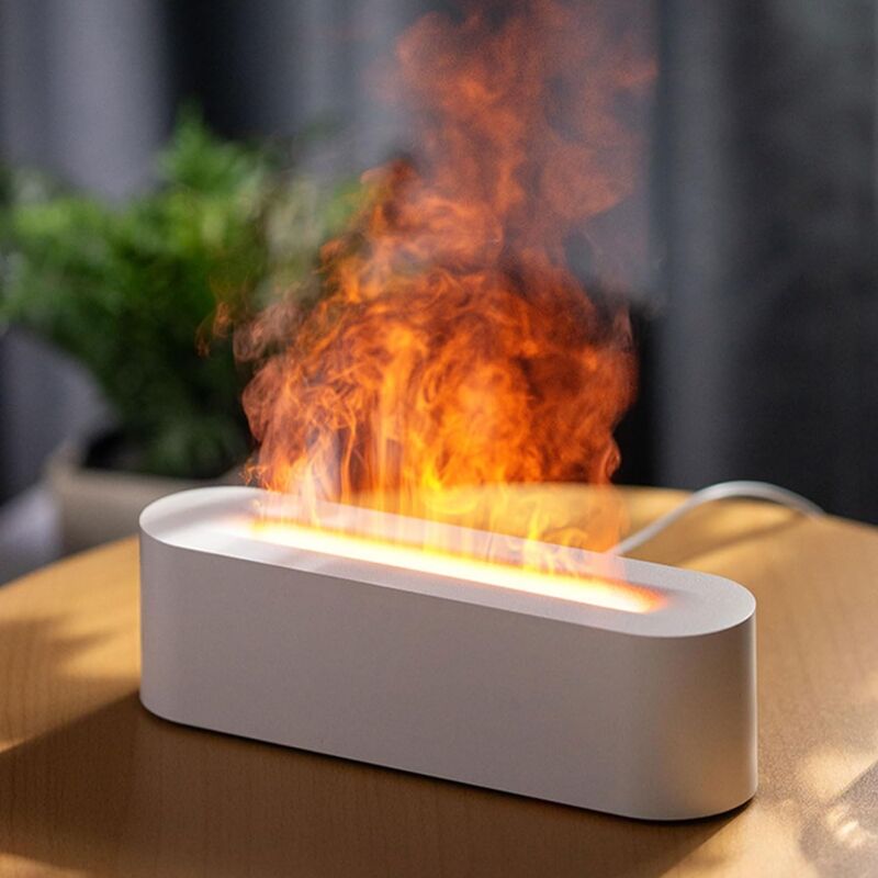 foto del prodotto ulisem diffusore di oli essenziali con effetto fiamma, umidificatore con luci led a 7 colori, timer e spegnimento automatico senza acqua, bianco