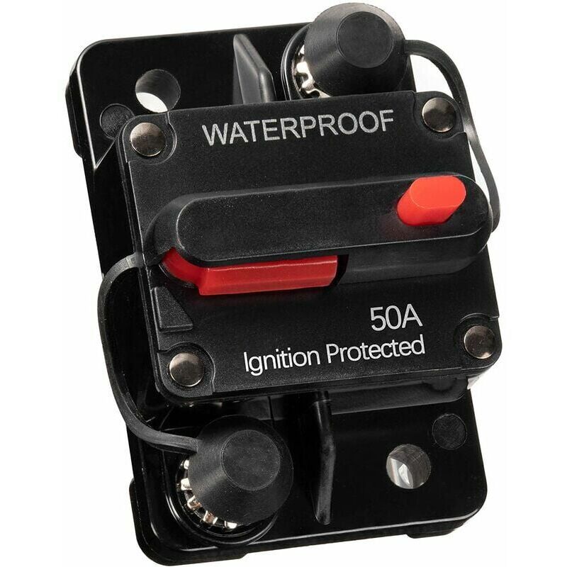 foto del prodotto ulisem disgiuntore automatico da auto stagno 50a per impianti 12v 48v dc, con portafusibile a riarmo manuale, adatto per imbarcazioni e auto.