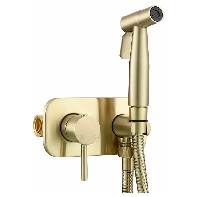 foto del prodotto ulisem kit doccetta wc comprensivo di doccetta bidet in ottone per l igiene personale, installazione a parete con finitura oro.