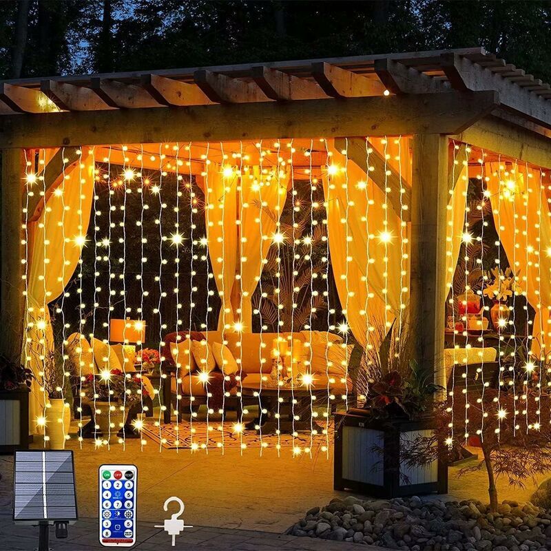 foto del prodotto ulisem luci a stringa solari luci a tenda solari aggiornate bianco caldo telecomando, luci da giardino per esterni 300 led 8 modalit telecomando