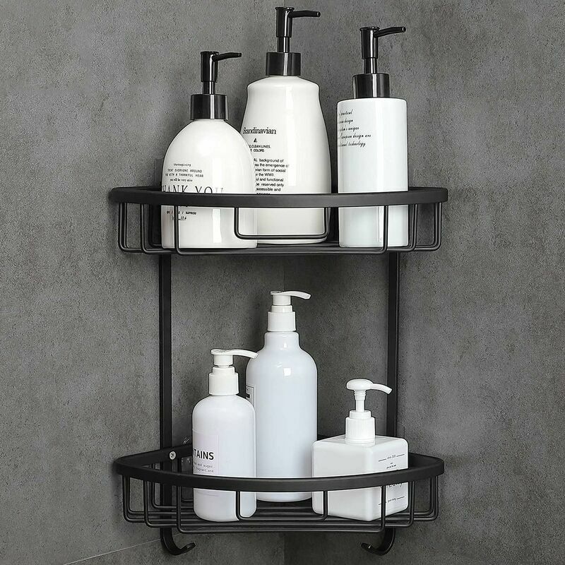 foto del prodotto ulisem mensola doccia angolare senza foratura, autoadesiva, ideale per accessori da bagno, con 2 ripiani portaoggetti in nero.