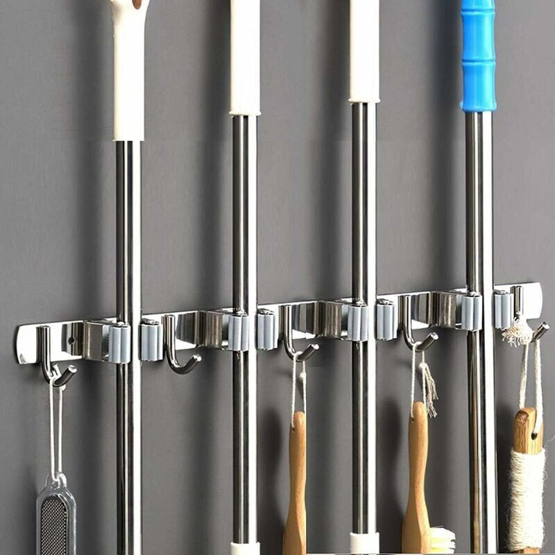 foto del prodotto ulisem porta scopa da parete appendi scopa in acciaio inox, porta scopa portaoggetti per cucina, garage, lavanderia 4 slot e 5 ganci 
