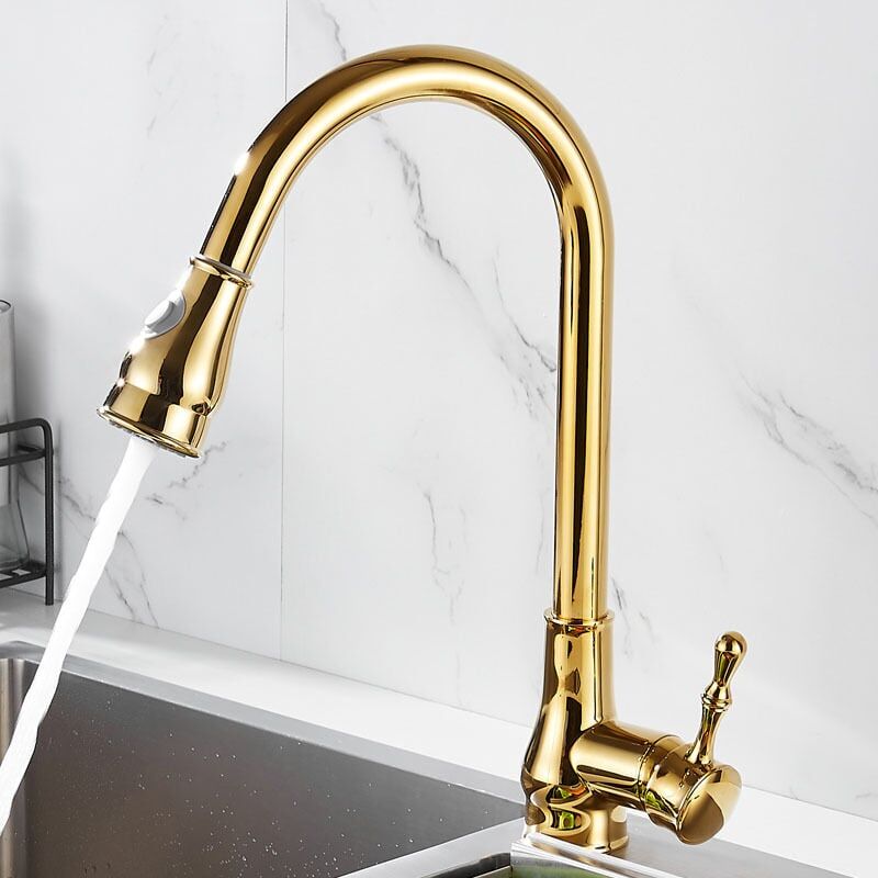 foto del prodotto ulisem rubinetto cucina con doccia estensibile miscelatore girevole a 360 , regolazione caldo e freddo oro