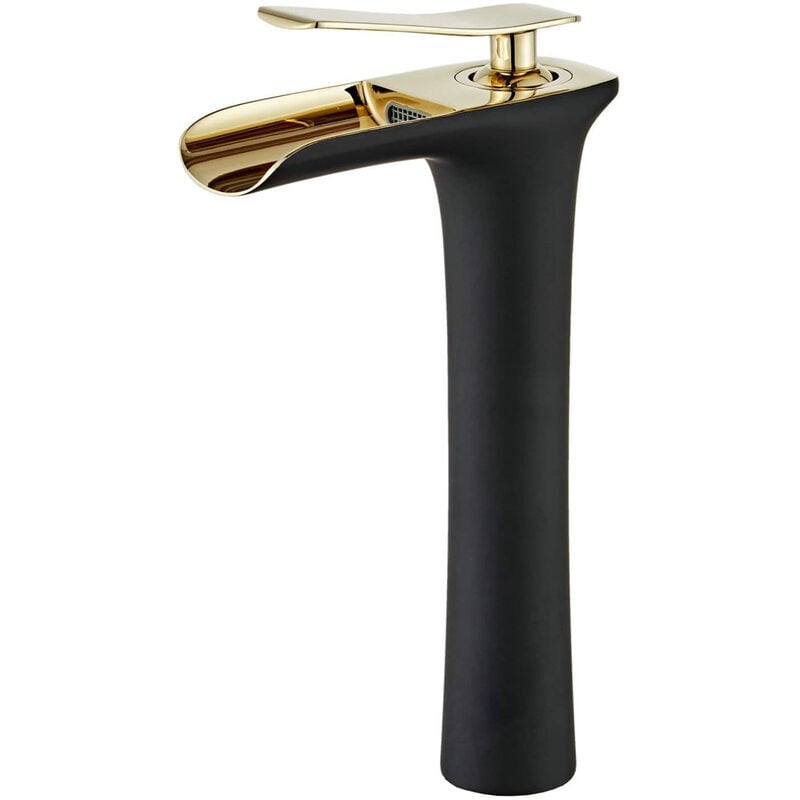 foto del prodotto ulisem rubinetto per bagno a cascata moderno miscelatore monocomando per lavabo con impostazione calda e fredda nero e oro