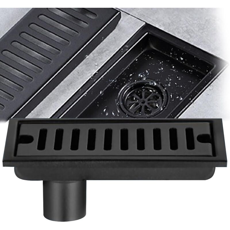foto del prodotto ulisem scarico a pavimento rettangolare, scarico a pavimento in acciaio inossidabile nero 20x10 cm scarico a pavimento per doccia con doppio filtro