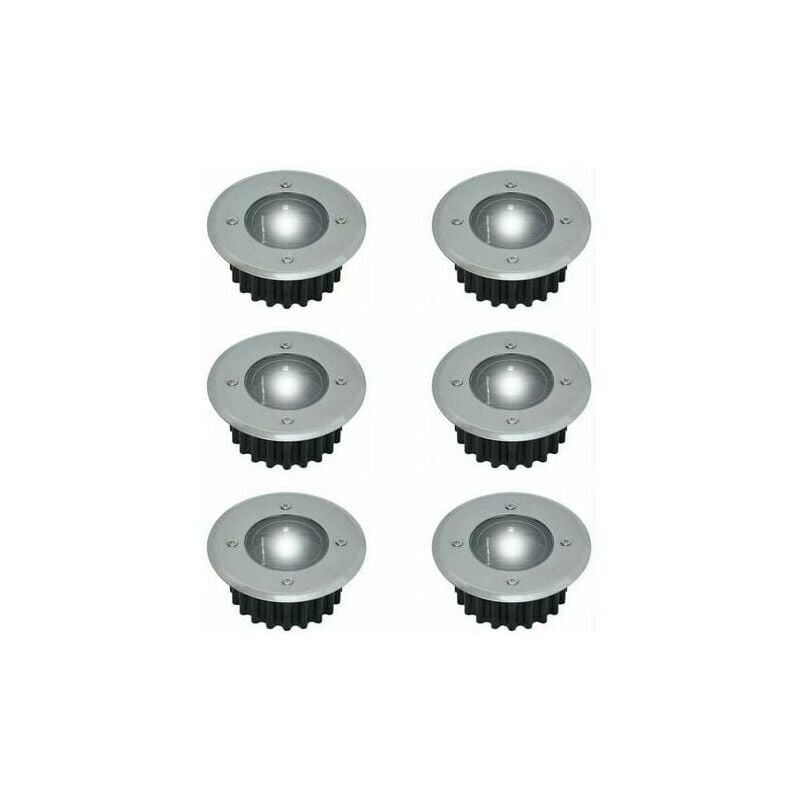 foto del prodotto ulisem set 6 faretti led solari da incasso a terra rotondi diametro 85 mm base resistente esterno frontale in acciaio inox 6 lampade