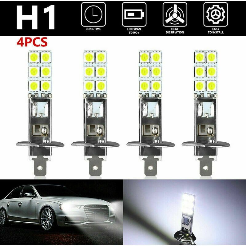 foto del prodotto ulisem set di 4 lampadine led h1 6000 k di colore bianco, utilizzabili come fendinebbia e luci stradali, compatibili con un voltaggio di 12v 24v.