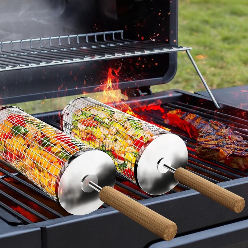 foto del prodotto ulisem set di cestelli per griglia arrotolabili inseribili con manico in legno, accessori per barbecue per grigliate all aperto per verdure
