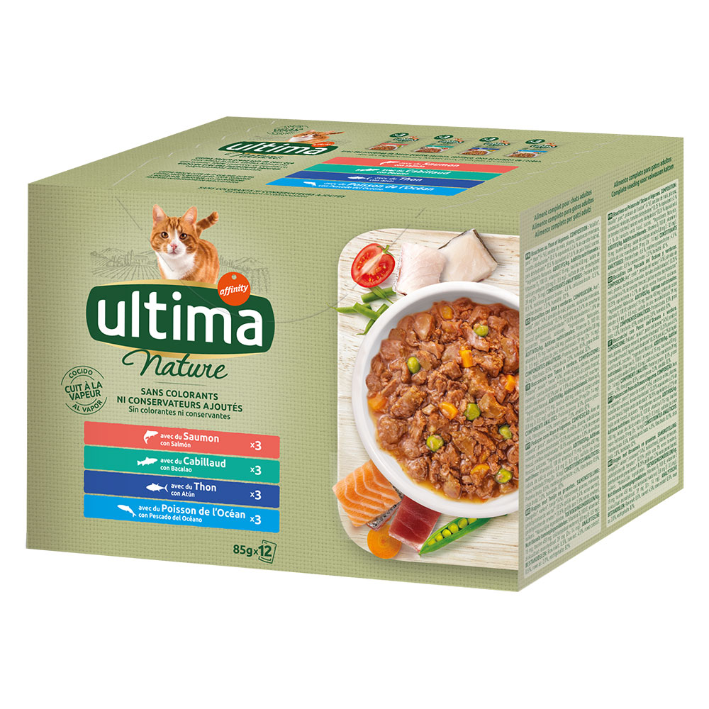 foto del prodotto ultima cat nature 48 x 85 g pacco misto per gatto - selezione di pesce salmone, tonno, pesce oceanico merluzzo