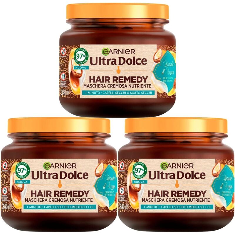 foto del prodotto ultra dolce 3 maschere nutriente per capelli secchi rituale d argan hair remedy 340 ml garnier