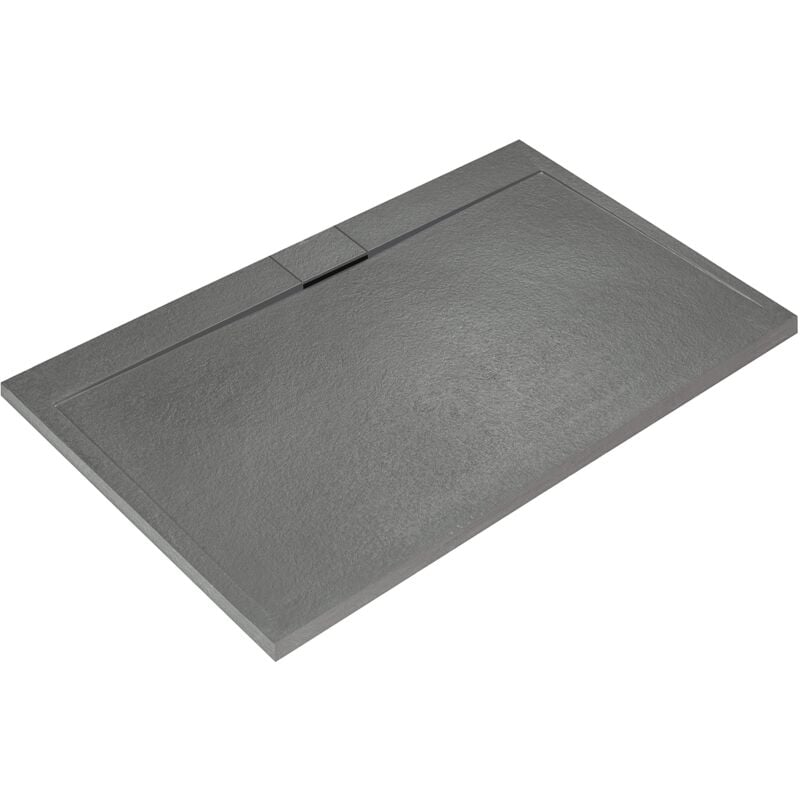foto del prodotto ultra flat s i.life, piatto doccia rettangolare 140x70 in resina, piletta di scarico lato lungo, finitura opaca effetto pietra, grigio cemento