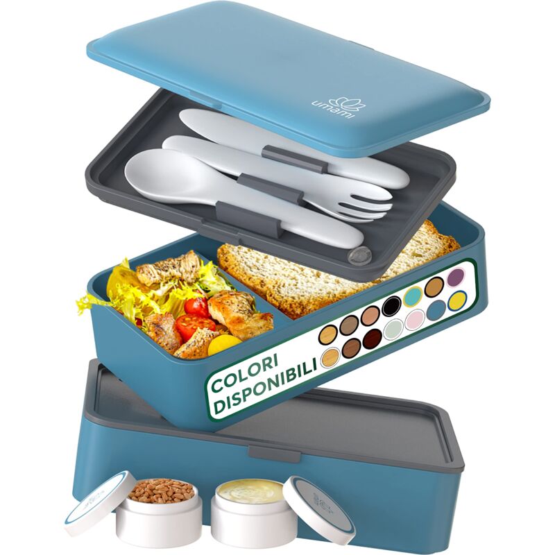 foto del prodotto umami porta pranzo lunch box ermetico con 4 scomparti e posate, sicuro per microonde, lavastoviglie, portapranzo ufficio, bento lunchbox prova di