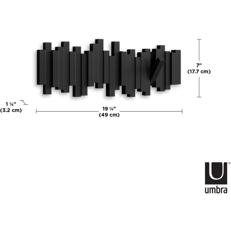 foto del prodotto umbra sticks attaccapanni da parete con 5 ganci ribaltabili, nero, 49.53 x 3.18 x 18.42 cm, 907.18 grammi
