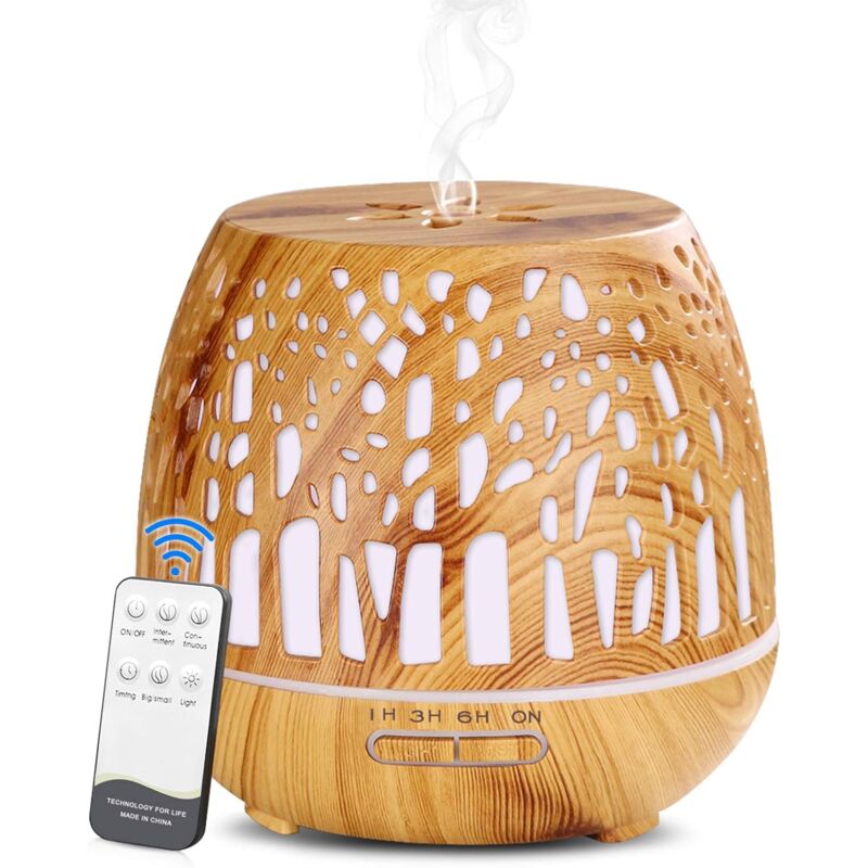foto del prodotto umidificatore ad ultrasuoni e diffusore di aromi da 400 ml, atomizzatore di fragranze ad ultrasuoni a led con telecomando, foresta scolpita, marrone