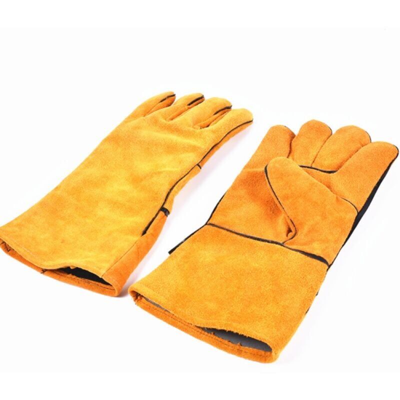 foto del prodotto un paio di guanti da saldatura resistenti al calore e all usura, foderati in pelle gialla, guanti da giardinaggio per forno a legna e griglia per uomo