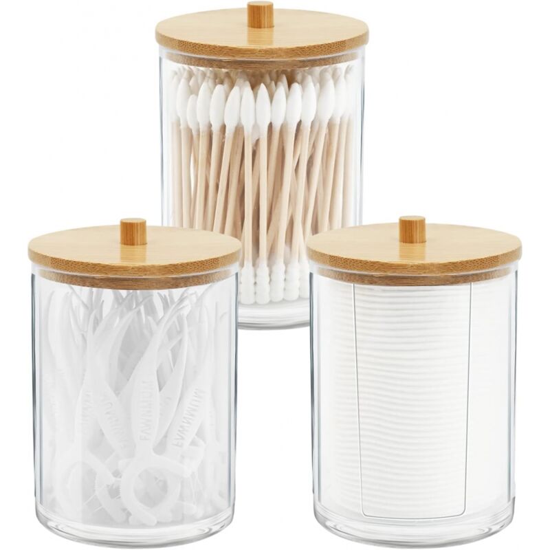 foto del prodotto un set di 3 contenitori in acrilico con coperchio in bamb per il bagno, contenitore, cotton fioc e cuscino portaoggetti per il bagno trasparente 