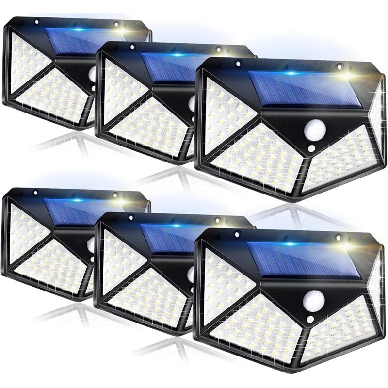 foto del prodotto un set di 6 luci solari da esterno con sensori di movimento, ip65 impermeabili 100 led, 1200 mah, 3 modalit , per giardino, recinzione, patio, porta