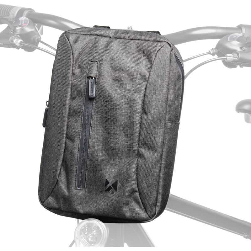 foto del prodotto una borsa da bicicletta per tablet montata sul manubrio con tracolla, grigia
