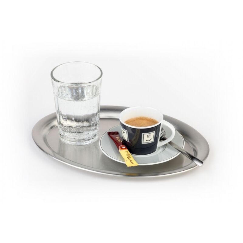 foto del prodotto unbekannt - aps vassoio di servizio kaffeehaus, classico vassoio da caffè viennese, vassoio in acciaio inossidabile, lucido opaco, ovale, bordo