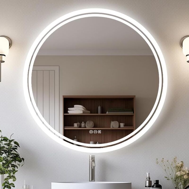 foto del prodotto unho 80cm specchio bagno led luce retroilluminato rotondo, dimmerabile luce, antiappannamento, interruttore touch, memoria