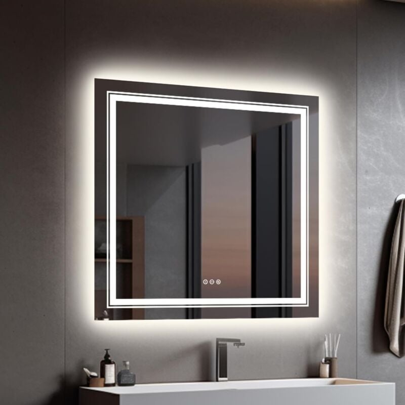 foto del prodotto unho 80x80cm specchio bagno led luce retroilluminato frontale, rettangolare, disappannamento, interruttore touch, dimmerabile, memoria