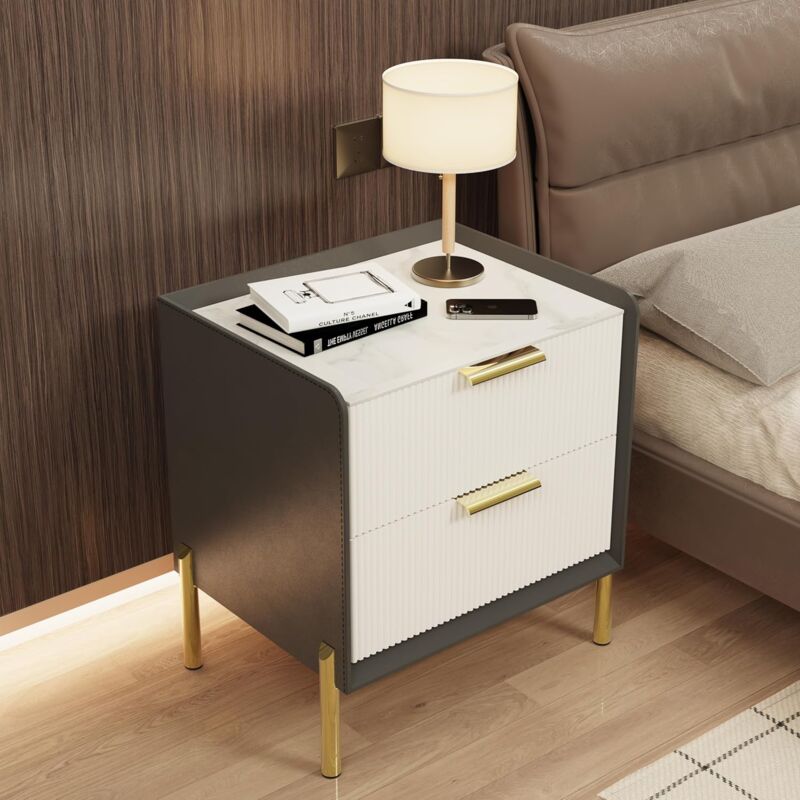 foto del prodotto unho comodino moderno camera da letto comodino con 2 cassetti piano marmo del pietra sinterizzata posteriore in pelle bianco e grigio 48,5x38,5x53cm