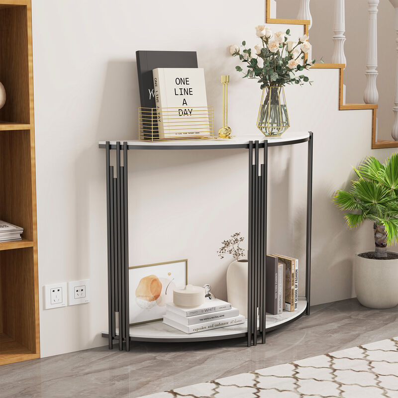 foto del prodotto unho consolle tavolo in marmo tavolo consolle ingresso moderno con 2 ripiani struttura in metallo stile industriale semicircolare colore bianco