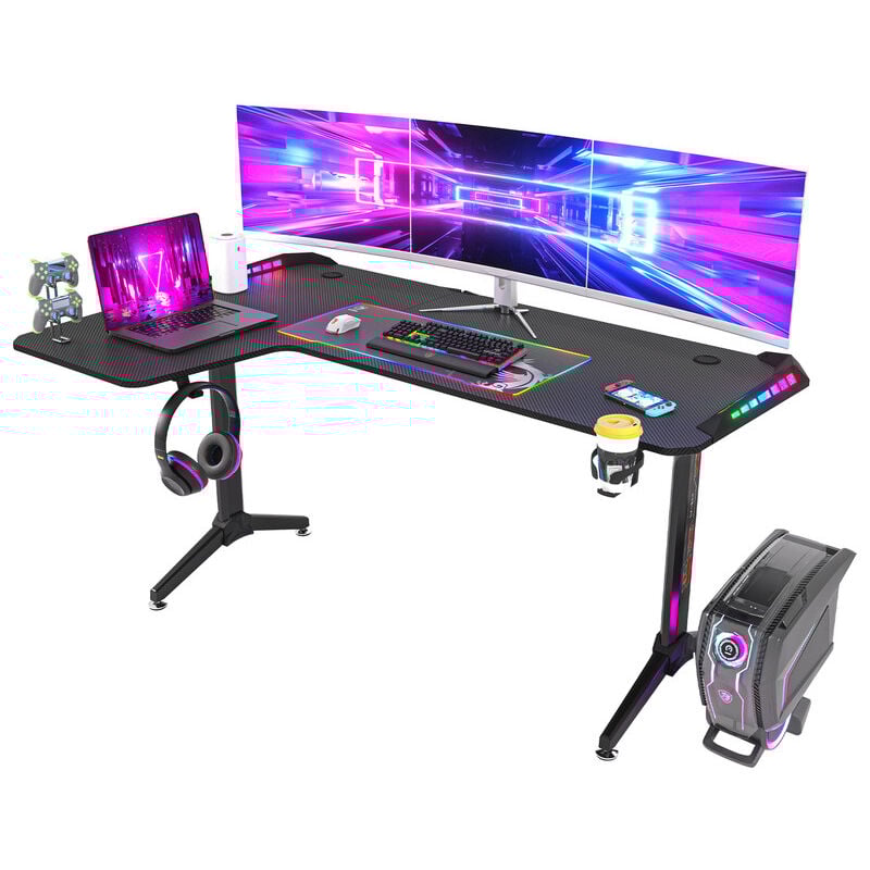 foto del prodotto unho grande scrivanie gamer postazione gaming angolo 160cm angolare scrivania gaming con led rgb gaming table desk per studio stanza salvaspazio,