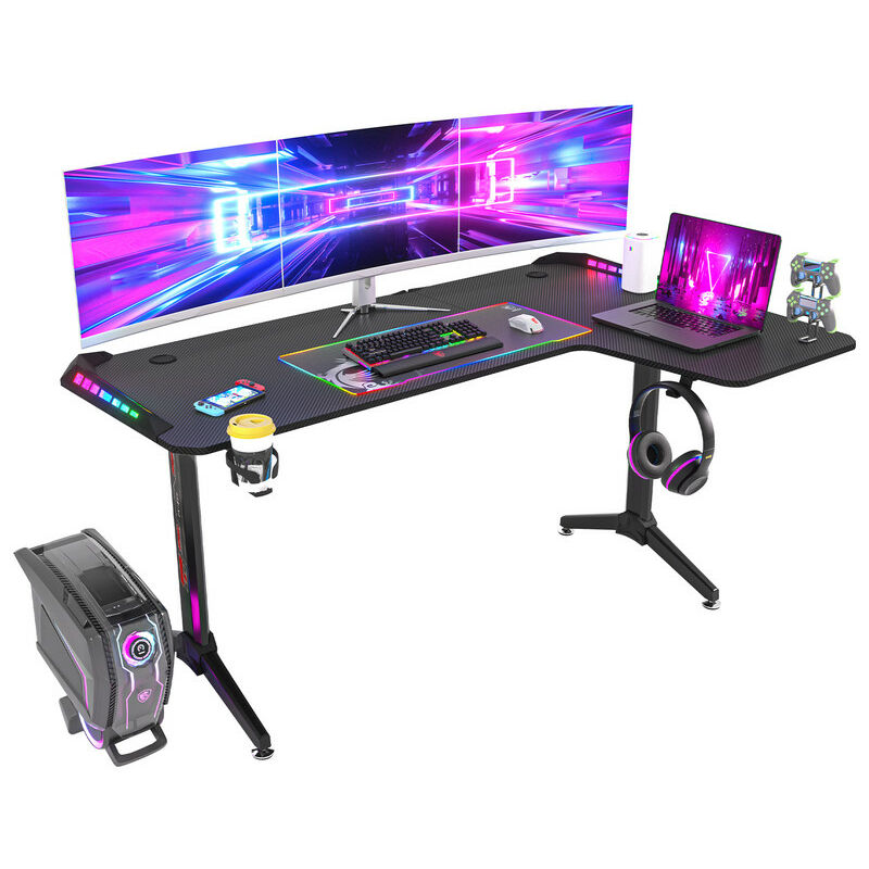 foto del prodotto unho grande scrivanie gamer postazione gaming angolo 160cm angolare scrivania gaming con led rgb gaming table desk per studio stanza salvaspazio,