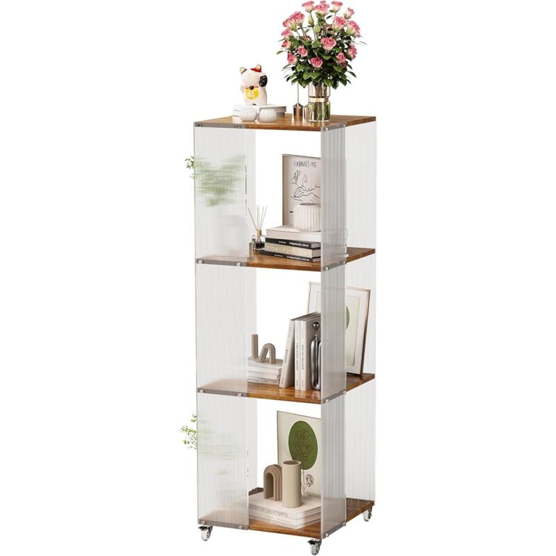 foto del prodotto unho libreria decorativa verticale a colonna scaffale in acrilico e legno con ruote