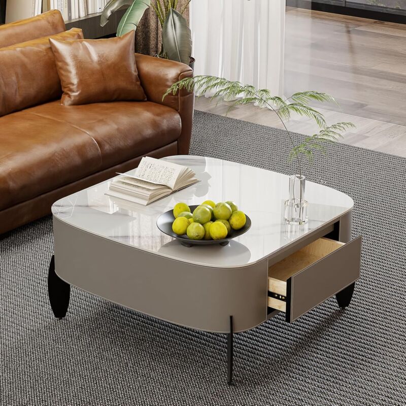 foto del prodotto unho lusso bianco tavolino da salotto in marmo e pelle 80x80cm basso tavolino da fumo in stile nordico gambe metallo