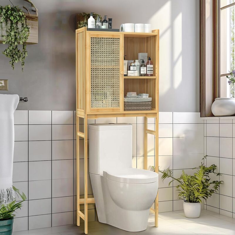 foto del prodotto unho mobile armadietti portaoggetti sopra lavatrice bagno wc in bambu salvaspazio 60x26x156 cm