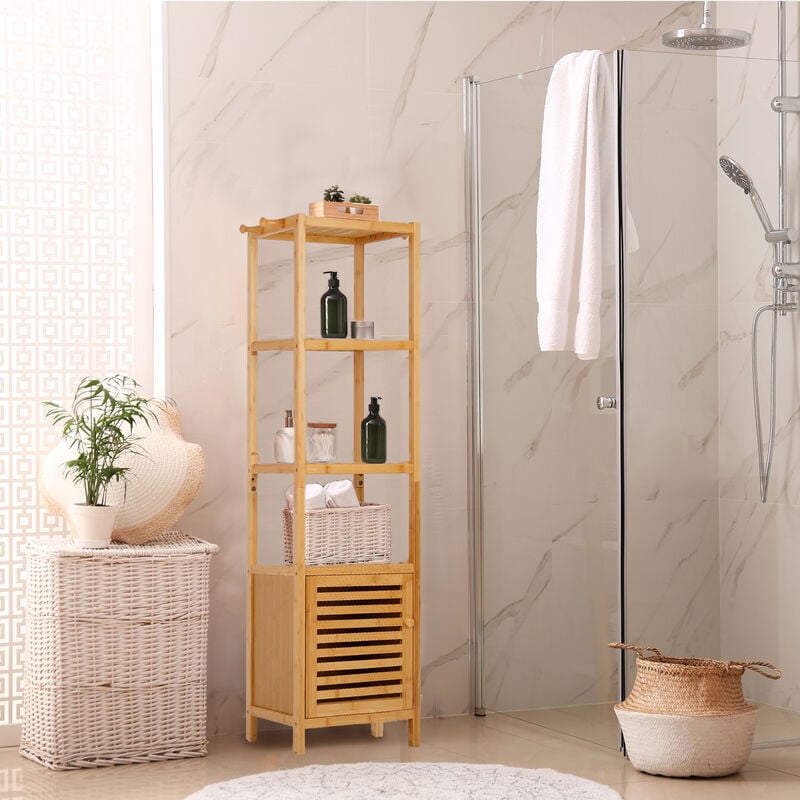 foto del prodotto unho mobiletto da bagno alto in bambu colonna bagno a terra armadietto 3 ripiani portaoggetti autoportante salvaspazio cucina angolo 34x33x140 cm