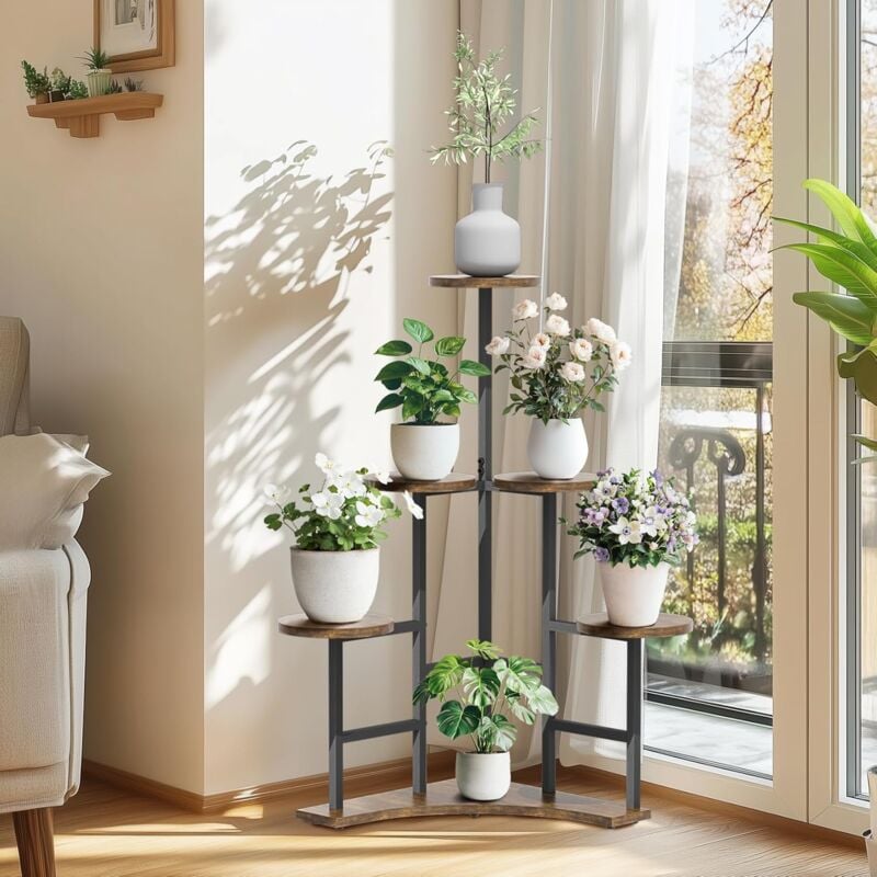 foto del prodotto unho portapiante da interno 5 livelli scaffale porta vaso alto 108,5 cm portavasi da interno esterno a scala industriale stile balcone in legno e