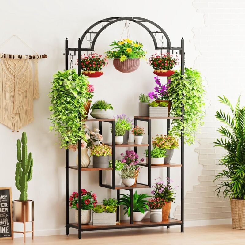 foto del prodotto unho portavasi in legno e metallo portafiori interno scaffale portapiante 5 livelli grande 190cm altezza con 16 ganci