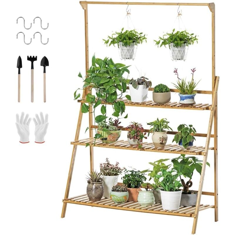 foto del prodotto unho scaffale porta piante bambu portavasi portafiori pieghevole 3 ripiani con barra 100 cm