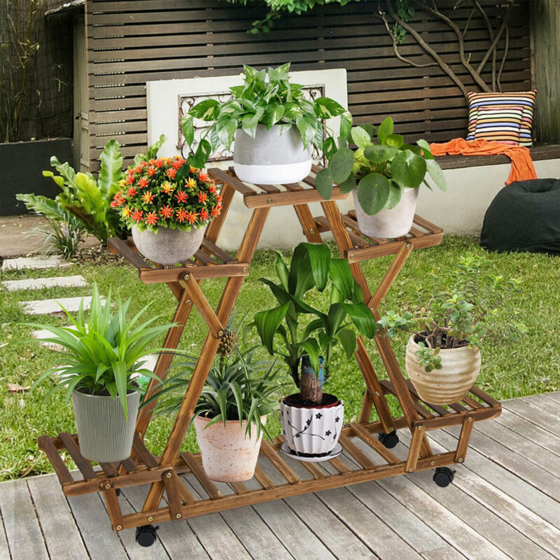 foto del prodotto unho scaffale portafiori portavasi per piante porta piante in legno con ruote interno a 6 ripiani espositore balcone esterno 91x25x81cm