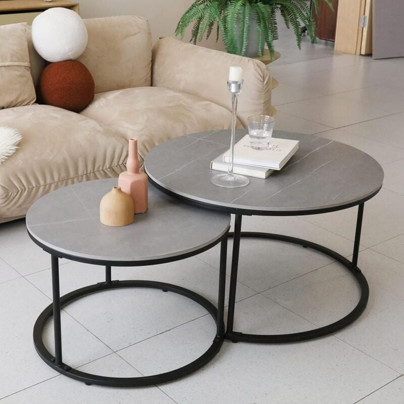 foto del prodotto unho set 2 tavolino da caffe marmo tavolino da salotto rotondo grigio 80cm 60cm