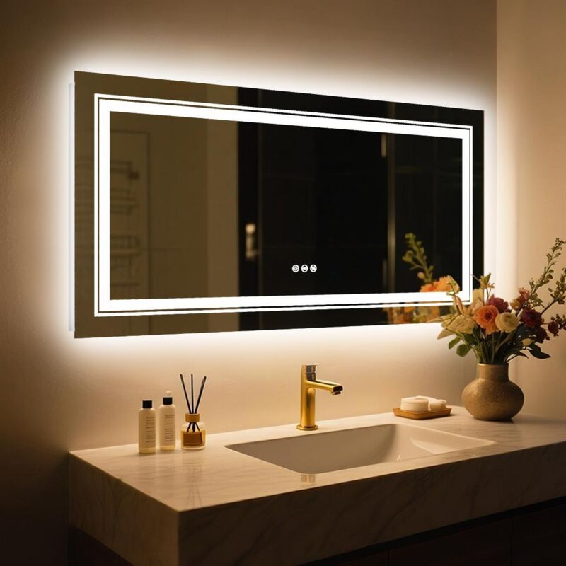 foto del prodotto unho specchio bagno led 120x60cm luce retroilluminato frontale, piu luminoso, specchio smart rettangolare touch, dimmerabile 3 colori,
