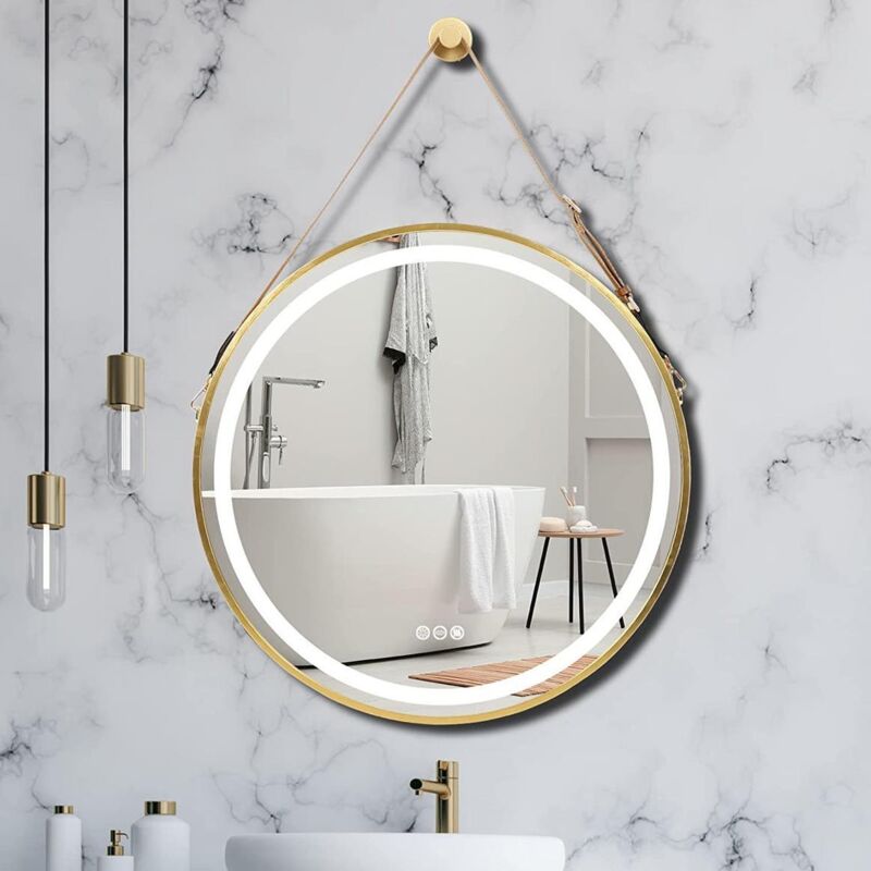 foto del prodotto unho specchio bagno led luce 60cm rotondo con oro cornice, cinghia, disappannamento, interruttore touch, dimmerabile, memoria