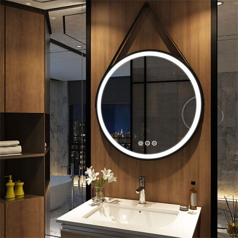 foto del prodotto unho specchio bagno led luce 80cm rotondo con nero cornice, cinghia, disappannamento, interruttore touch, dimmerabile, memoria
